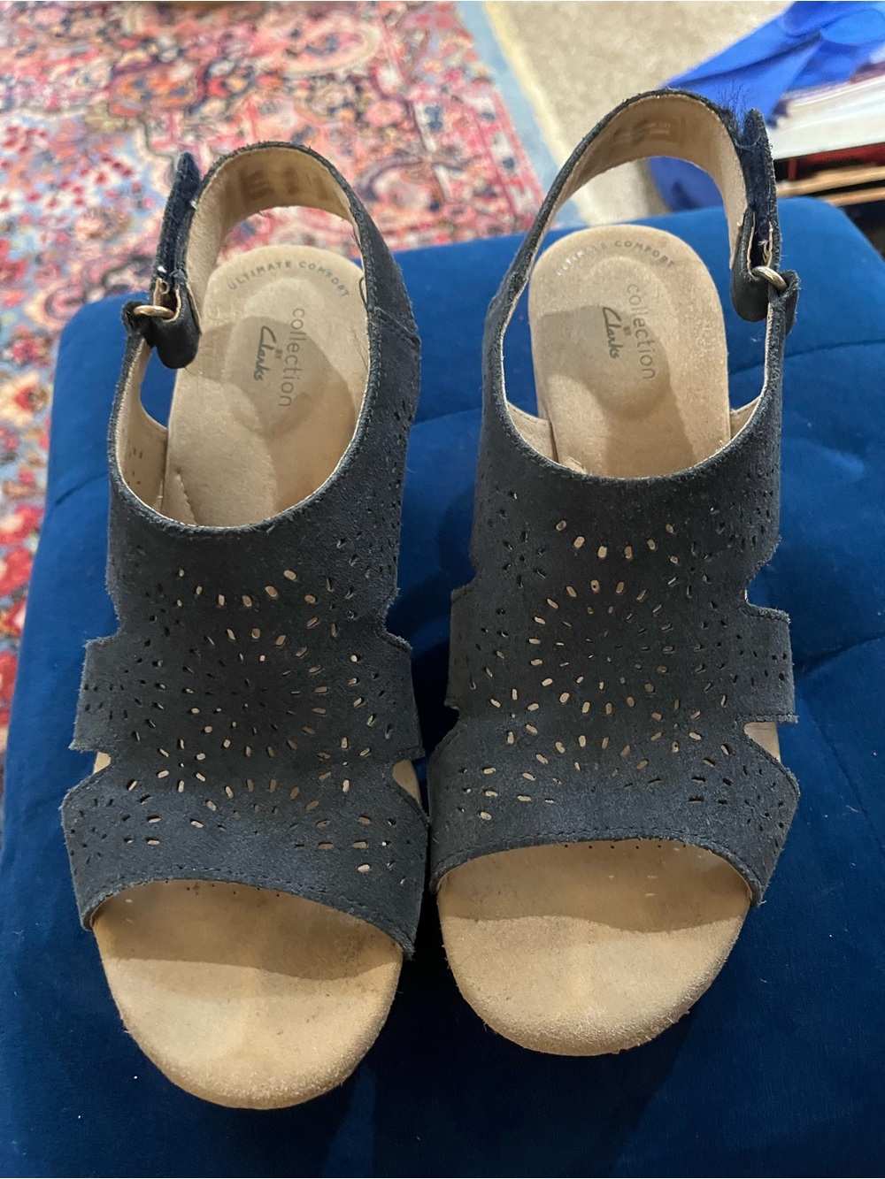 Clarks Women's navy Perforated Suede Slingback Sandals